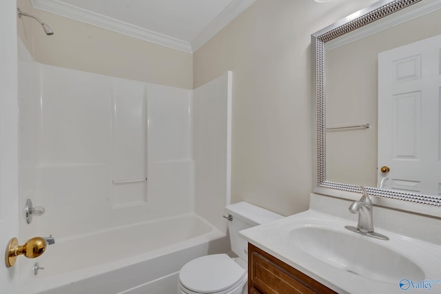 full bathroom with shower / bathing tub combination, vanity, toilet, and ornamental molding