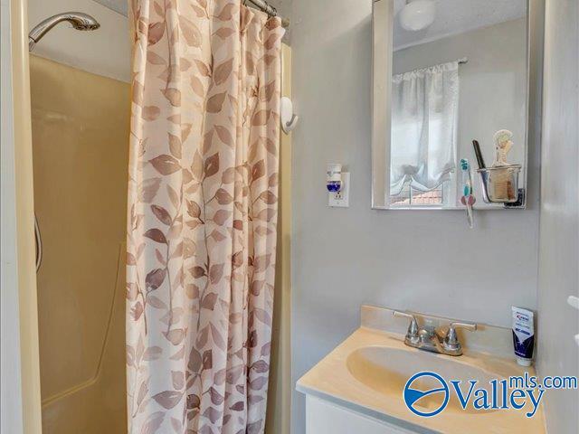 bathroom featuring vanity and a shower with curtain