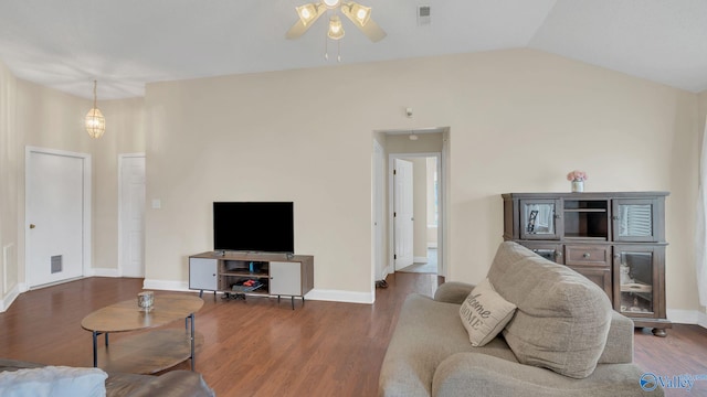 121 Oakline Dr, Madison, AL 35757 - living area with a ceiling fan, wood finished floors, baseboards, and lofted ceiling