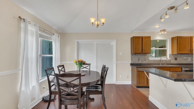 121 Oakline Dr, Madison, AL 35757 - dining area featuring dark wood finished floors, a chandelier, baseboards, and vaulted ceiling