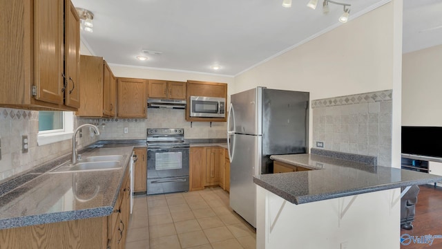121 Oakline Dr, Madison, AL 35757 - kitchen featuring stainless steel appliances, under cabinet range hood, a sink, a peninsula, and crown molding
