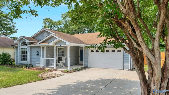 121 Oakline Dr, Madison, AL 35757 - ranch-style house with covered porch, a garage, concrete driveway, and a shingled roof