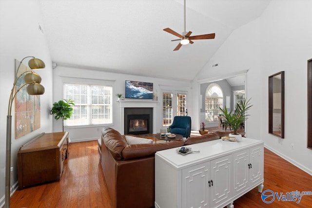 living room featuring ceiling fan, wood-type flooring, and high vaulted ceiling