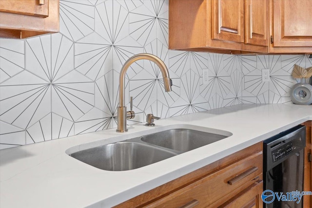 details with tasteful backsplash, dishwasher, and sink