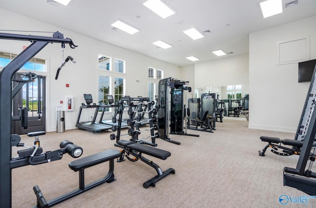 workout area featuring a towering ceiling and carpet