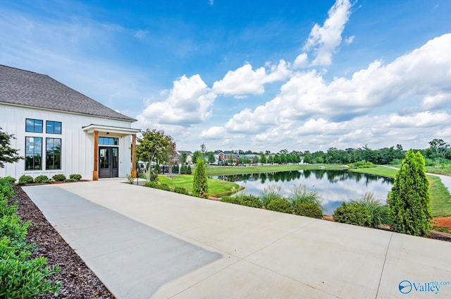 exterior space featuring a water view