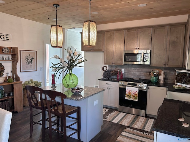 kitchen with dark stone countertops, dark hardwood / wood-style flooring, pendant lighting, and appliances with stainless steel finishes