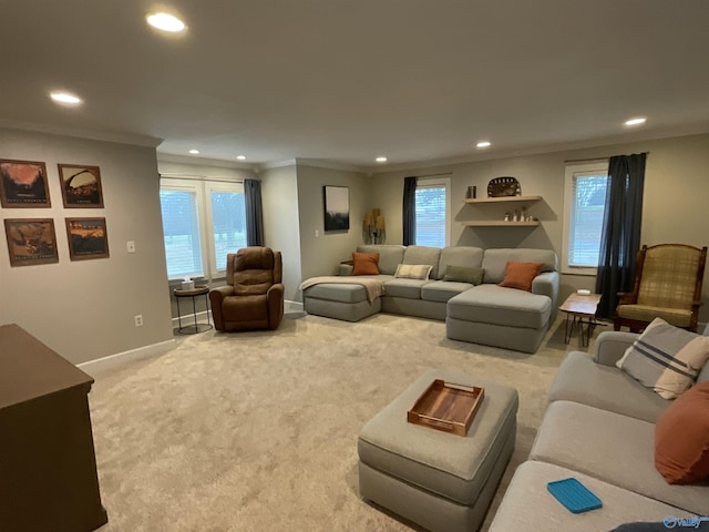 carpeted living room featuring crown molding