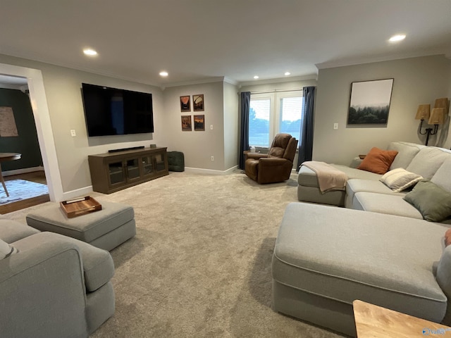 carpeted living room featuring ornamental molding