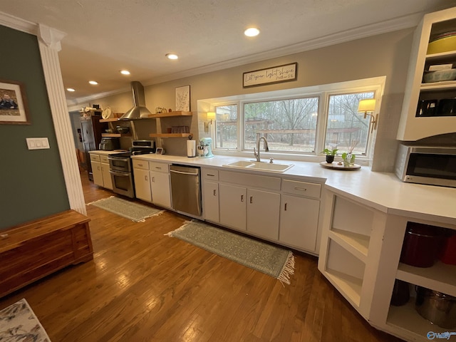 kitchen featuring dark wood-type flooring, sink, ventilation hood, stainless steel appliances, and white cabinets