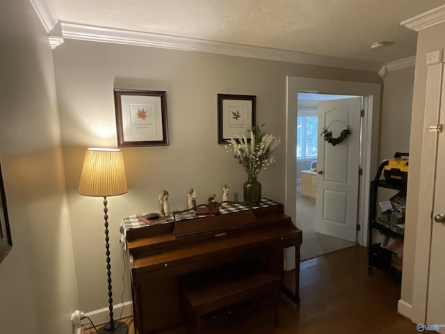 misc room with crown molding, dark wood-type flooring, and a textured ceiling