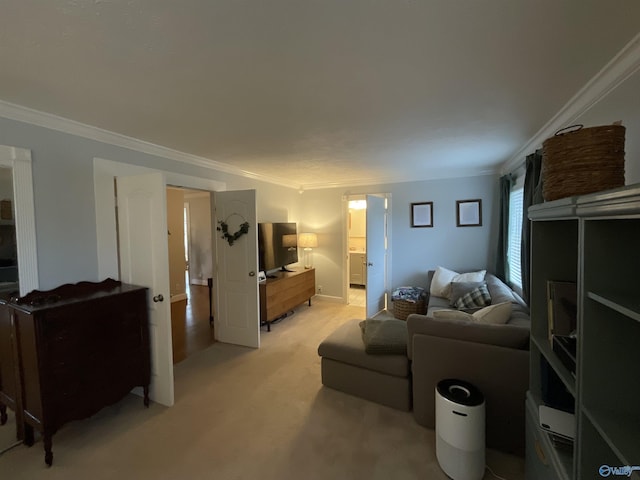 living room with crown molding and light colored carpet