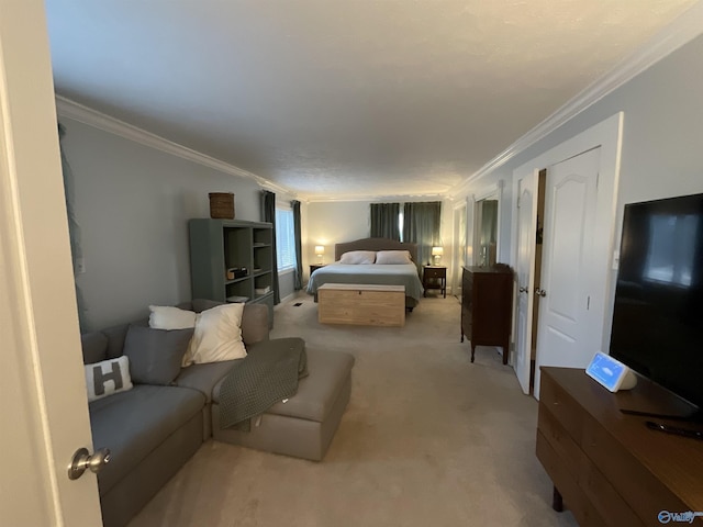 carpeted bedroom featuring ornamental molding