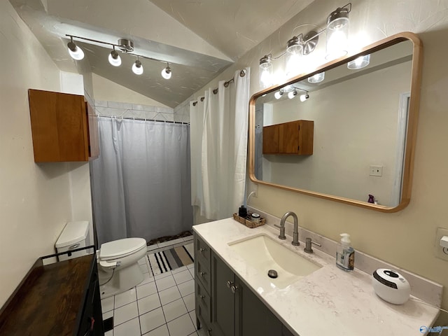 bathroom featuring walk in shower, tile patterned floors, lofted ceiling, toilet, and vanity