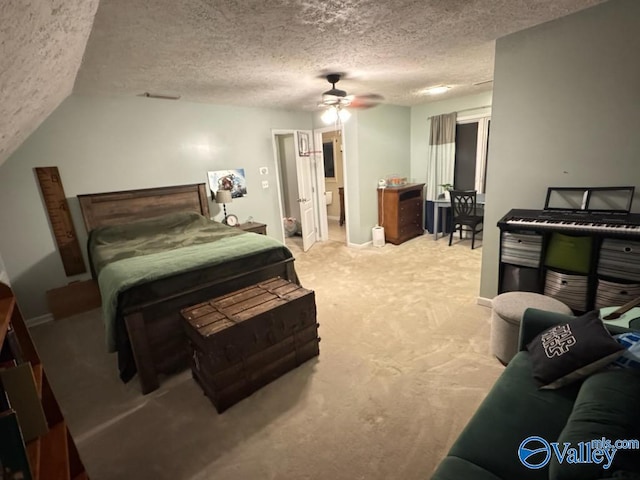 carpeted bedroom featuring ceiling fan, lofted ceiling, and a textured ceiling