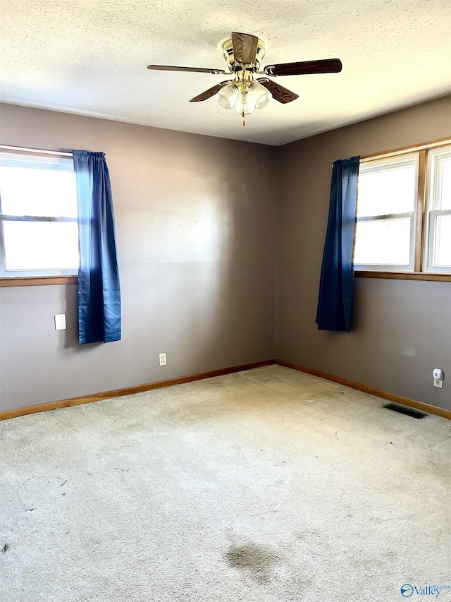 carpeted empty room with a textured ceiling, a wealth of natural light, and ceiling fan