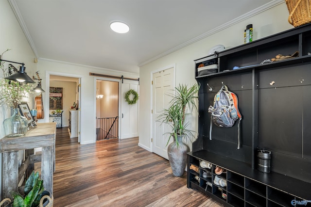 mudroom featuring dark hardwood / wood-style floors, a barn door, and ornamental molding