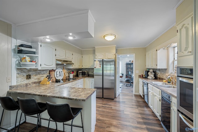 kitchen featuring kitchen peninsula, sink, dark hardwood / wood-style flooring, and appliances with stainless steel finishes