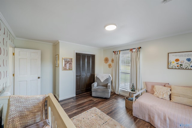 bedroom featuring dark hardwood / wood-style flooring and ornamental molding