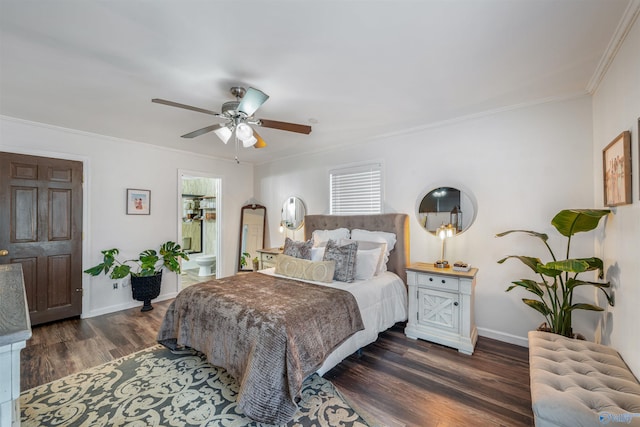 bedroom featuring dark hardwood / wood-style flooring, ceiling fan, and crown molding