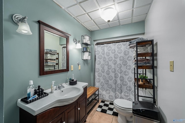 bathroom with tile patterned flooring, vanity, and toilet