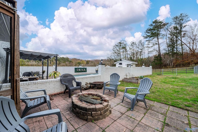 view of patio / terrace with a fire pit and a pool