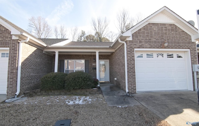 single story home with driveway, brick siding, roof with shingles, and an attached garage