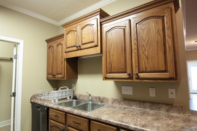 kitchen with a textured ceiling, a sink, ornamental molding, brown cabinets, and dishwasher