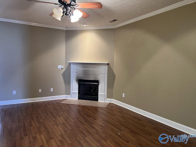 unfurnished living room featuring a fireplace with flush hearth, crown molding, and wood finished floors