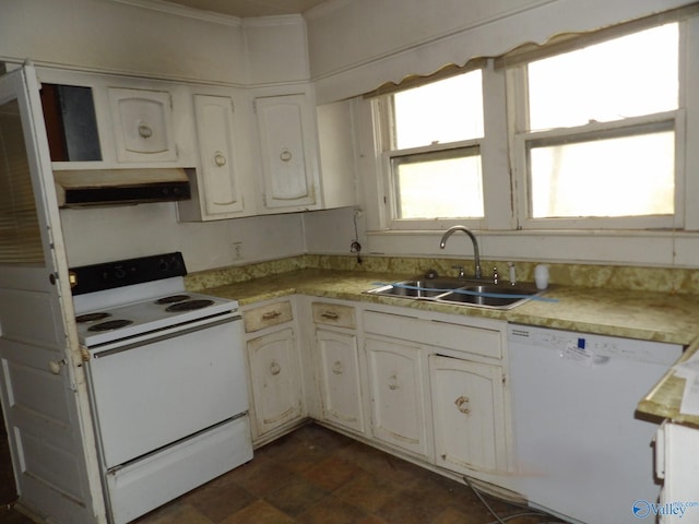 kitchen featuring white appliances, light countertops, crown molding, under cabinet range hood, and a sink