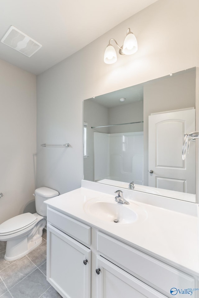 full bath featuring visible vents, walk in shower, toilet, tile patterned floors, and vanity