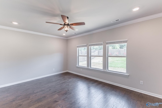 empty room with visible vents, baseboards, ceiling fan, and dark wood finished floors