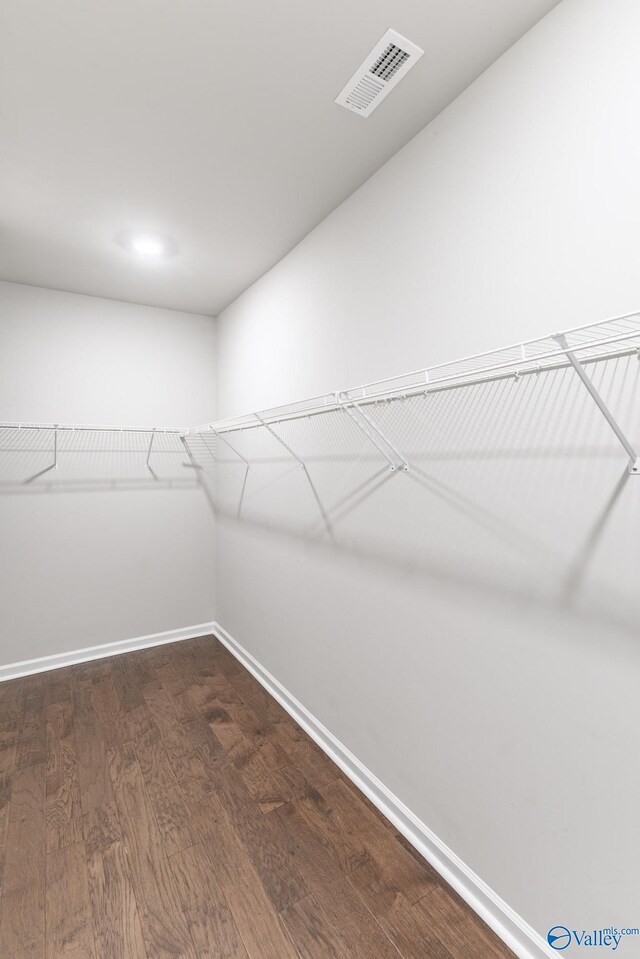 spacious closet featuring dark wood-style floors and visible vents