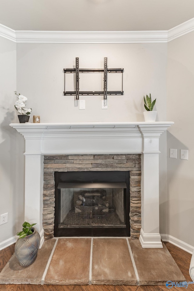 room details featuring a stone fireplace, wood finished floors, baseboards, and ornamental molding