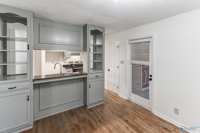 kitchen featuring gray cabinets, a textured ceiling, stainless steel range with electric stovetop, and dark hardwood / wood-style floors