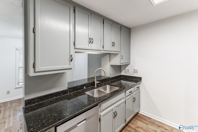 kitchen featuring stainless steel dishwasher, sink, light hardwood / wood-style flooring, and dark stone counters