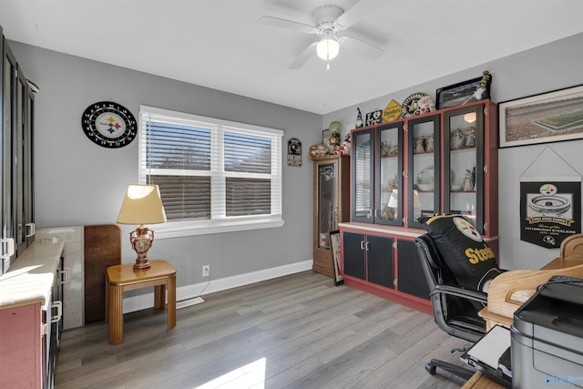 office space featuring ceiling fan and light hardwood / wood-style floors