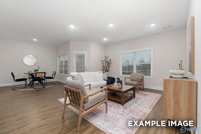 122 Burdine St, New Market, AL 35761 - living room featuring recessed lighting, baseboards, visible vents, and wood finished floors