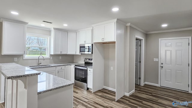 kitchen with white cabinets, sink, dark hardwood / wood-style floors, appliances with stainless steel finishes, and light stone counters