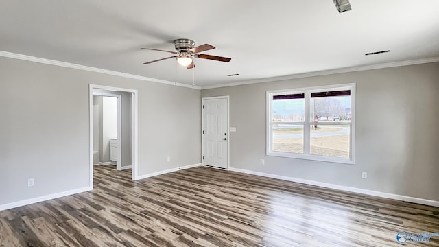 unfurnished room featuring crown molding, ceiling fan, and hardwood / wood-style flooring