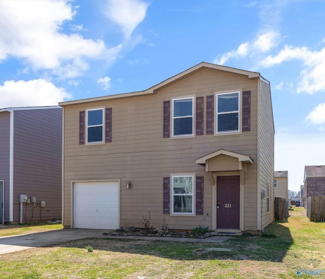 view of front of house featuring driveway, an attached garage, and a front lawn