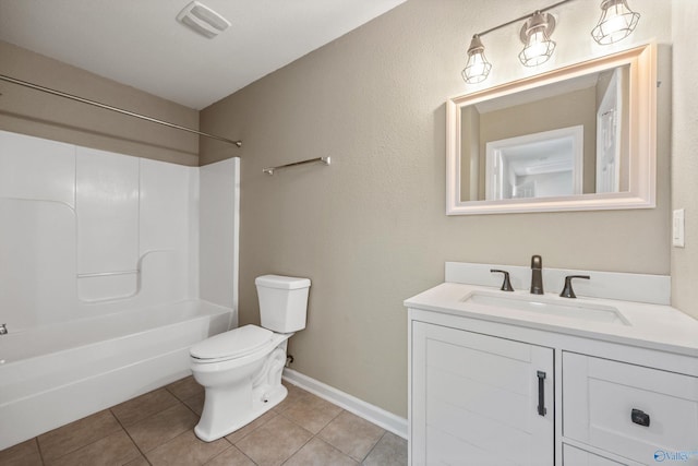 bathroom featuring tile patterned flooring, visible vents, shower / washtub combination, toilet, and vanity