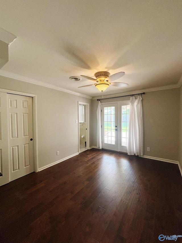 5627 SW Alta Dena St, Huntsville, AL 35802 - unfurnished room featuring french doors, dark wood-style flooring, a ceiling fan, ornamental molding, and baseboards