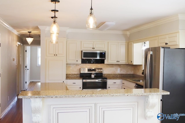 5627 SW Alta Dena St, Huntsville, AL 35802 - kitchen featuring stainless steel appliances, tasteful backsplash, light stone counters, baseboards, and crown molding