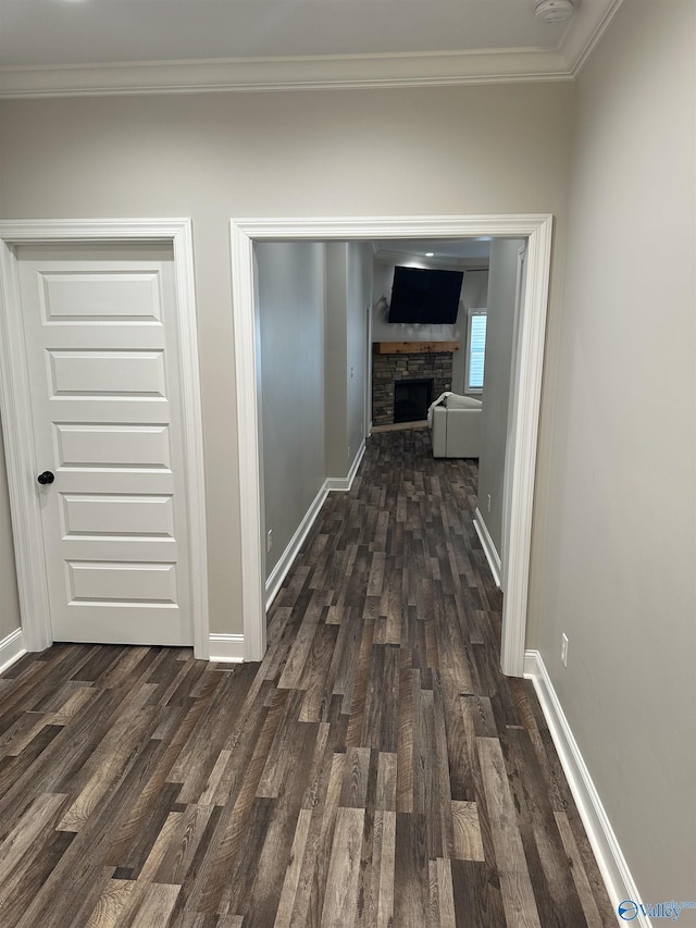 corridor featuring crown molding and dark wood-type flooring