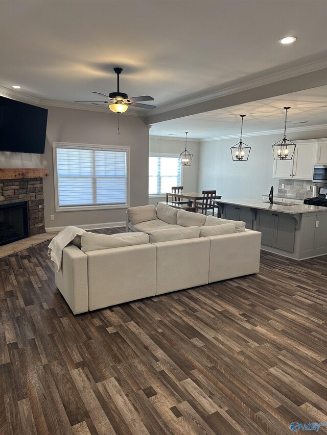 living room featuring crown molding, a fireplace, dark wood-type flooring, and ceiling fan with notable chandelier