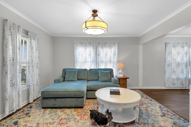 living room with a textured ceiling, crown molding, baseboards, and wood finished floors