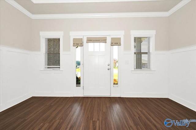 foyer featuring crown molding, a wealth of natural light, and dark wood-type flooring