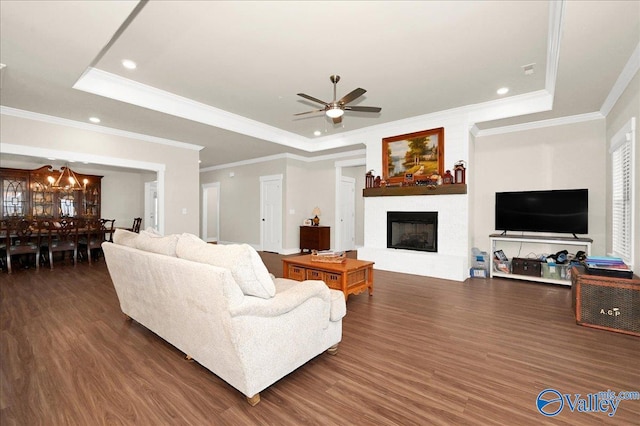 living room featuring a raised ceiling, dark wood-type flooring, and ornamental molding