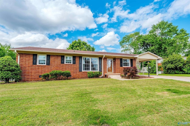 single story home with concrete driveway, brick siding, a front lawn, and an attached carport
